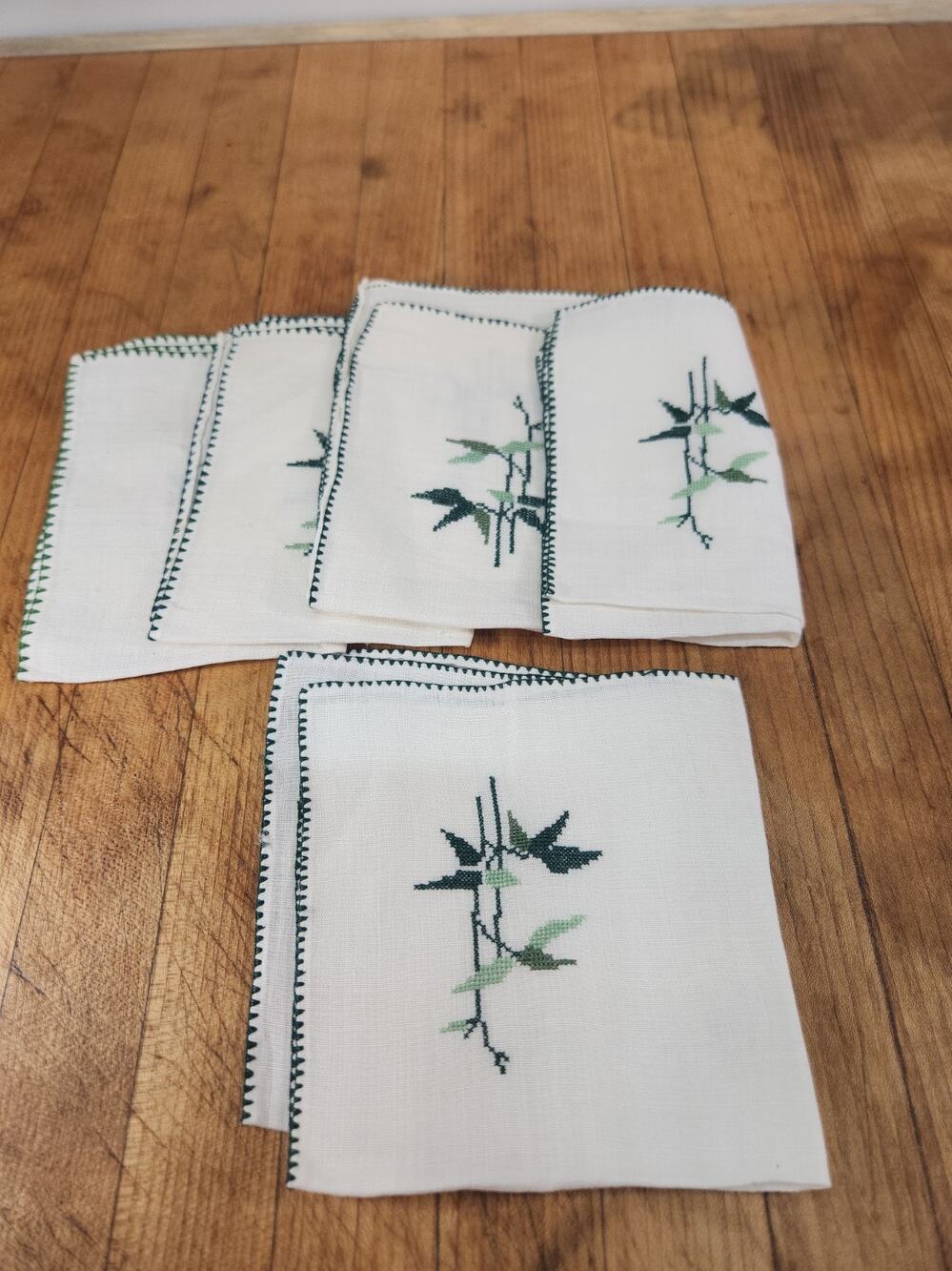 Vintage Embroidered Napkins Set 6 Green Bamboo Cross Stitch Mixed Sizes